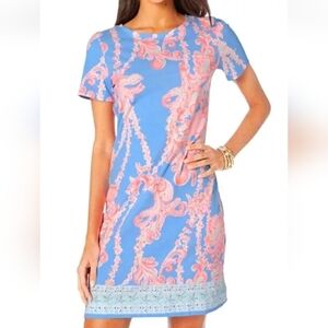 Lilly Pulitzer Declan Dress Blue Print Tropical Beach Womens Size S Pima Cotton